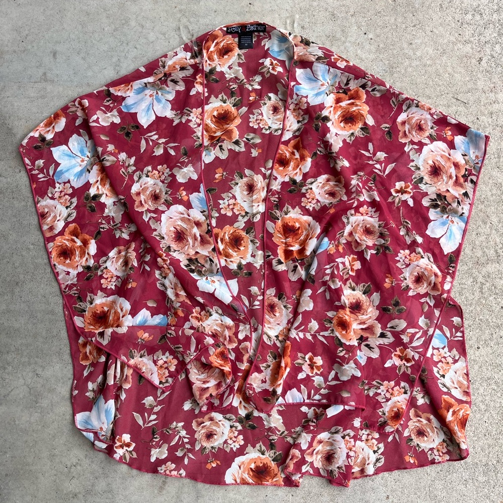 Polly & Esther Semi Sheer Floral Open Front “Fly Away Top”